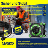 Masko® Kabelhaspel 20 m, verlengkabel met geaarde stopcontacten en wikkelgreep, outdoor kabelhaspel thermobescherming, apparaattrommel IP44, 1000 W ~ 3000 W, inclusief draaggreep en